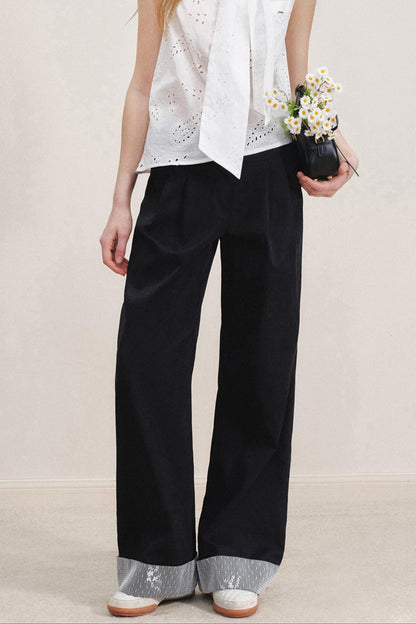 Lace Overlay High-Waisted Casual Pants