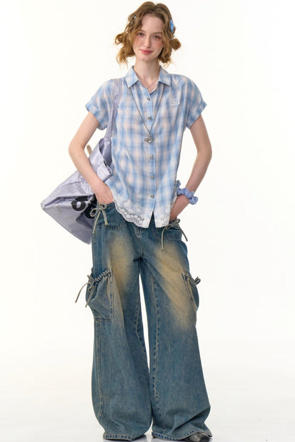 Vintage Blue Plaid Lace Trim Top