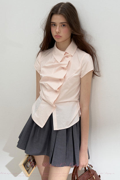 Pink Ruffled Lace Short Sleeves Blouse