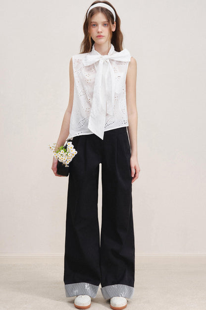 Lace Overlay High-Waisted Casual Pants