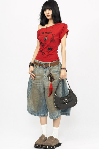 Retro Slanted Shoulders Short Sleeve Top