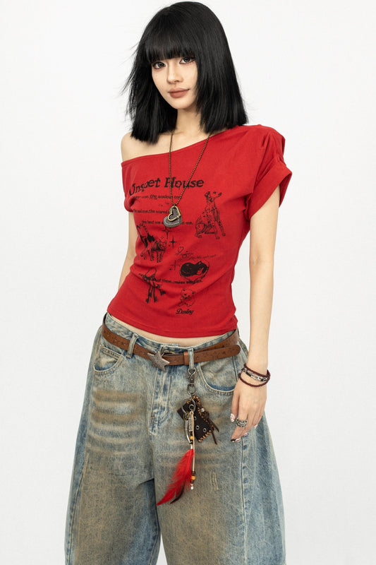 Retro Slanted Shoulders Short Sleeve Top