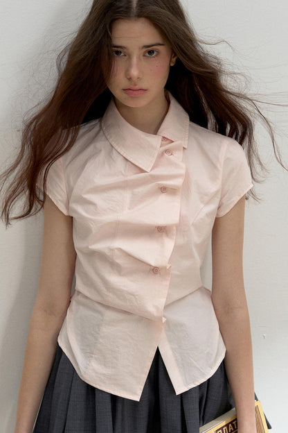 Pink Ruffled Lace Short Sleeves Blouse