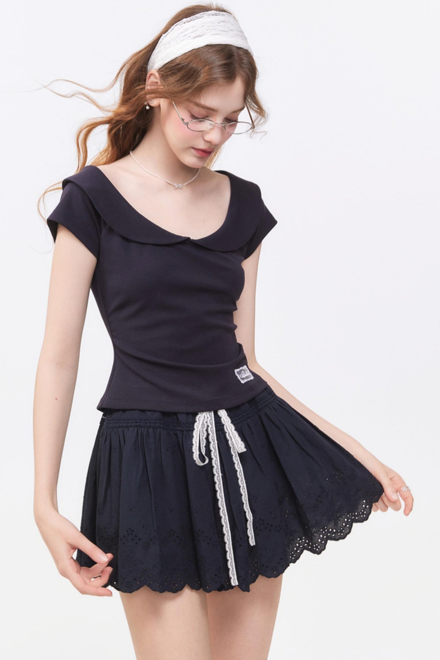 Summer Navy Blue Lace A-Line Skirt