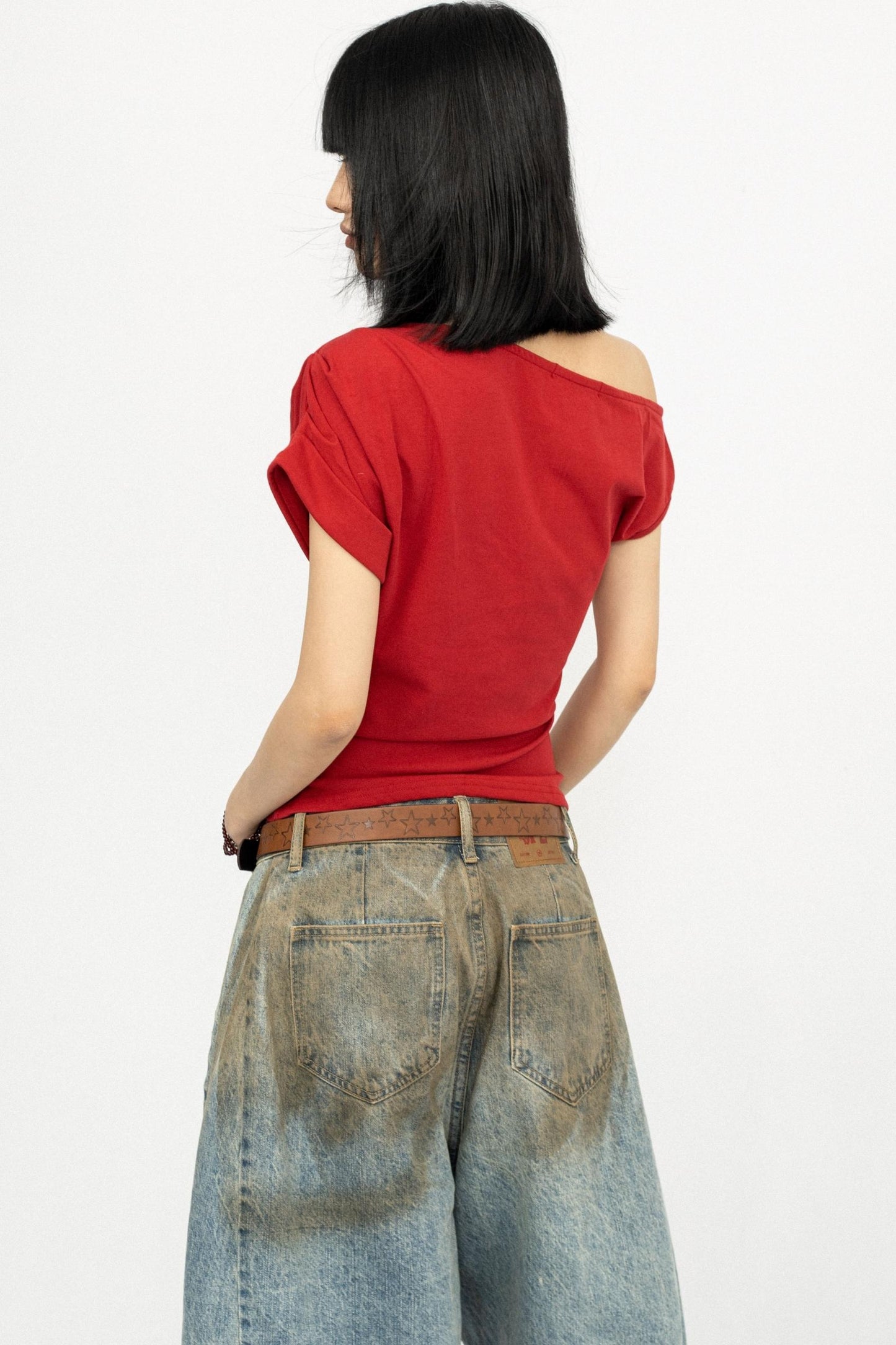 Retro Slanted Shoulders Short Sleeve Top