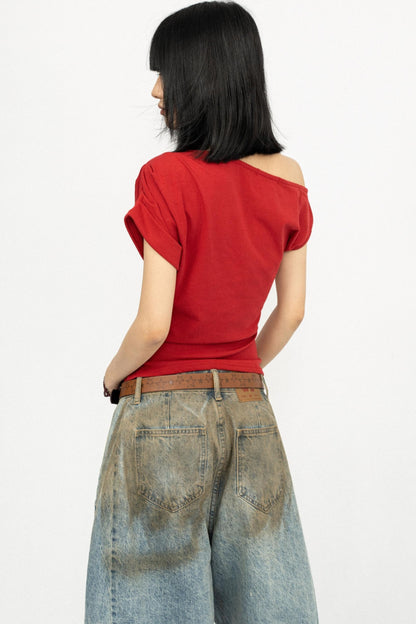 Retro Slanted Shoulders Short Sleeve Top