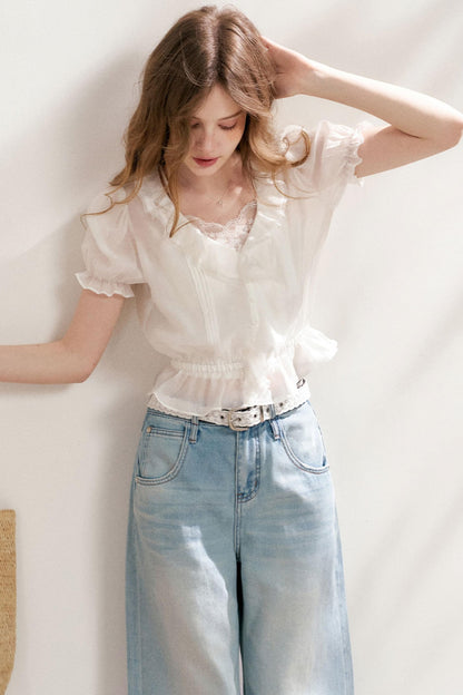 Bubble Sleeve Lace Blouse Set-Up