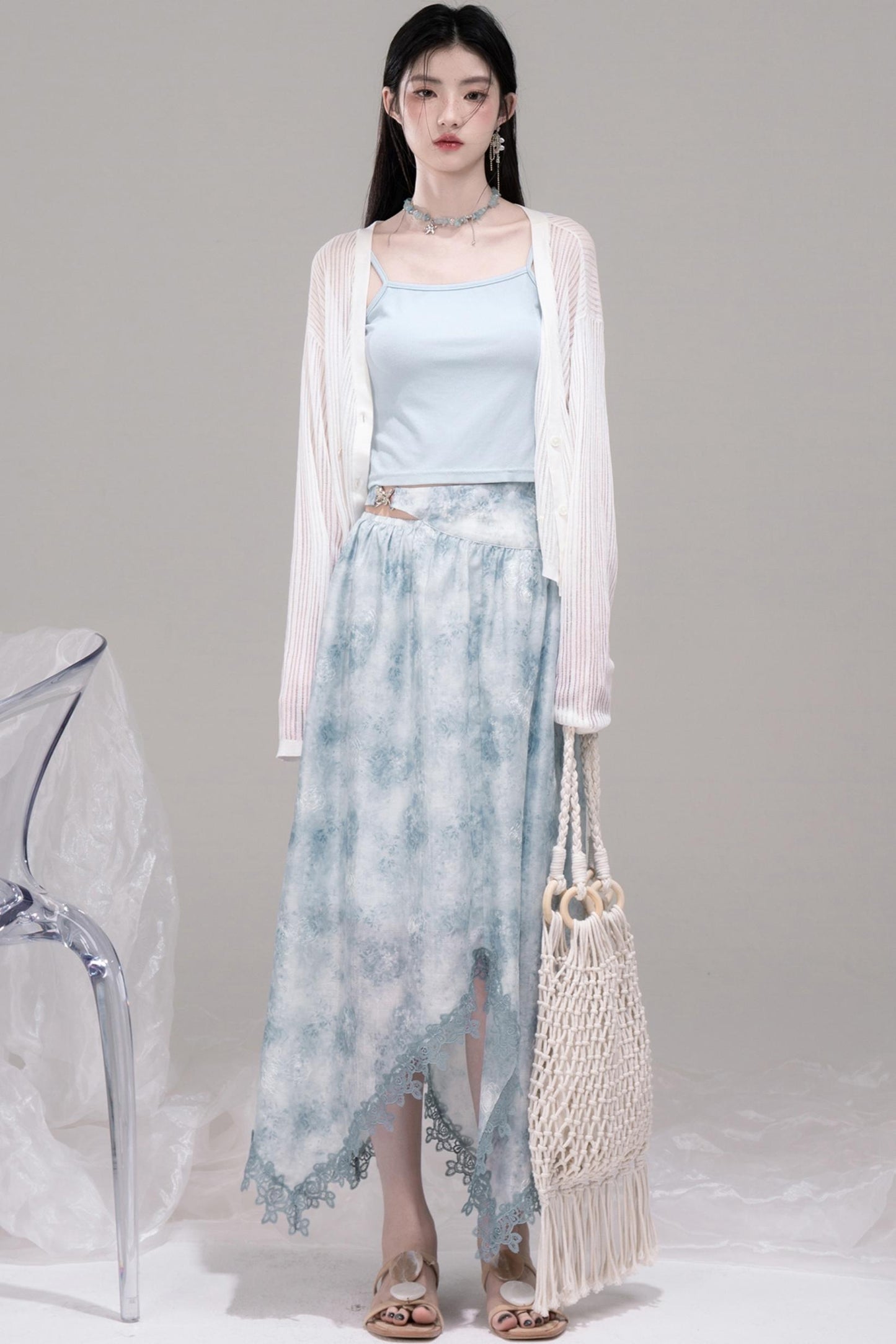 Blue Bow Waist Skirt Set-Up