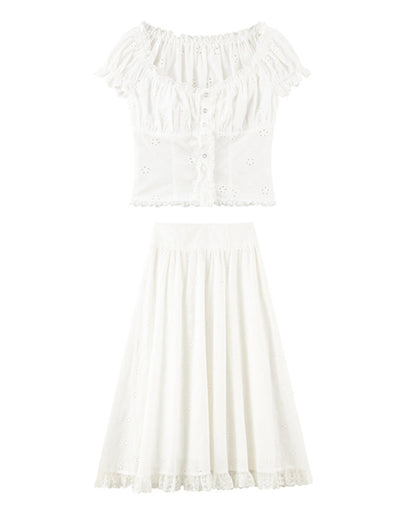 Floral Embroidered Top And Flared Skirt Set-Up