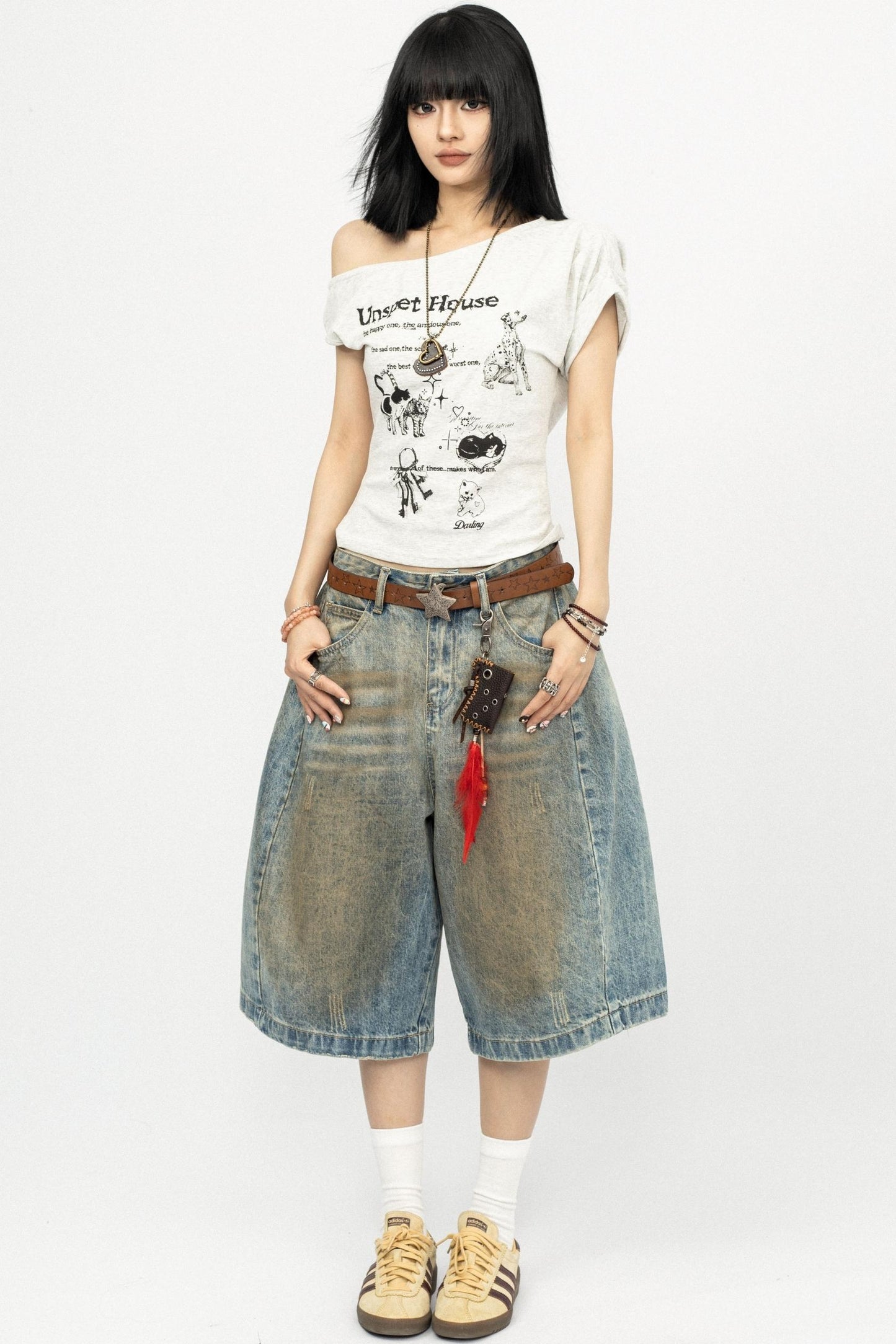 Retro Slanted Shoulders Short Sleeve Top