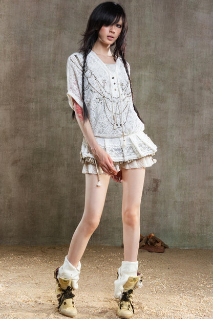 Earthy Orange Belt With Retro Lace Shirt Set-Up