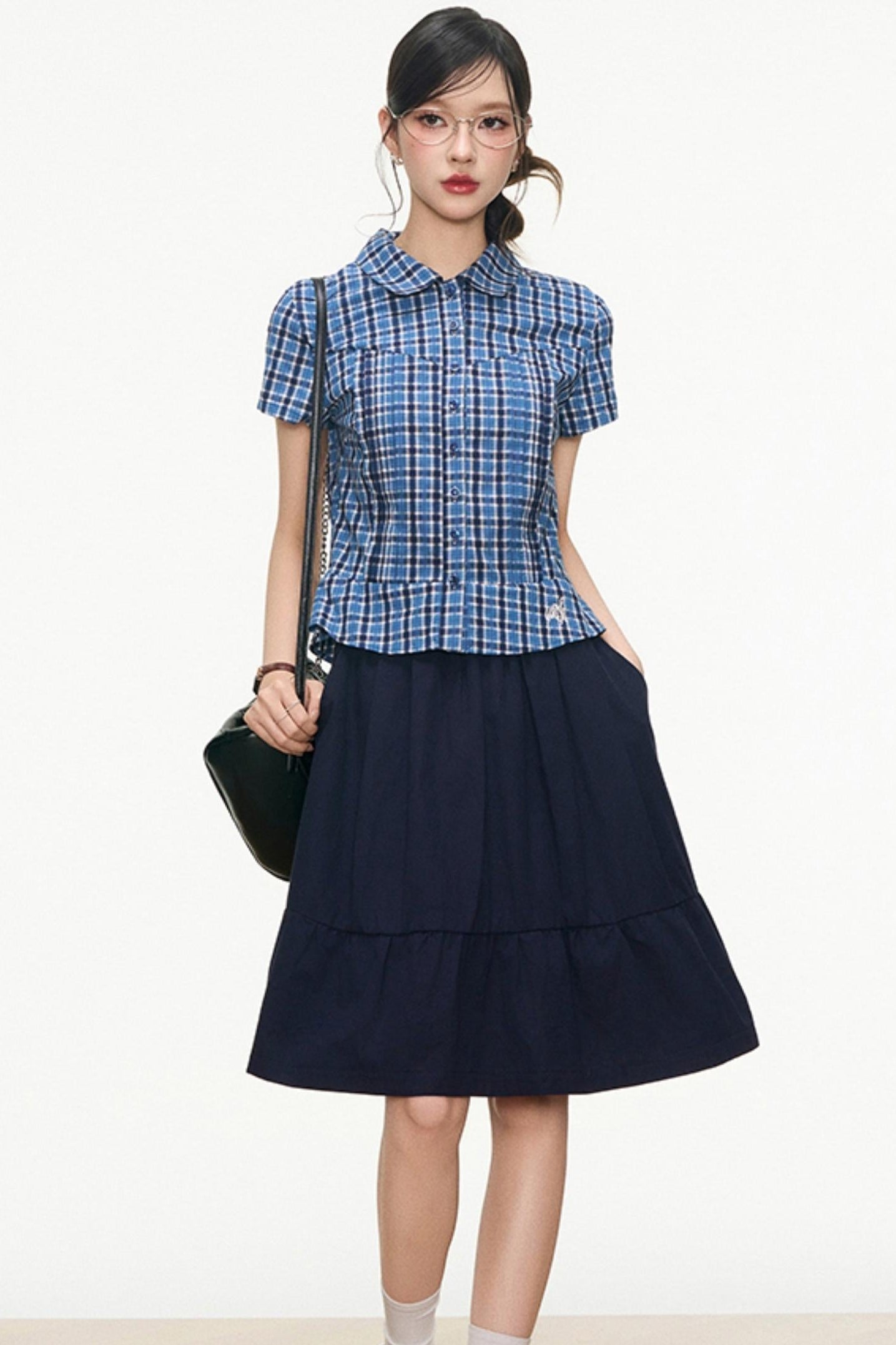 Checked Navy Skirt Shirt Set-Up