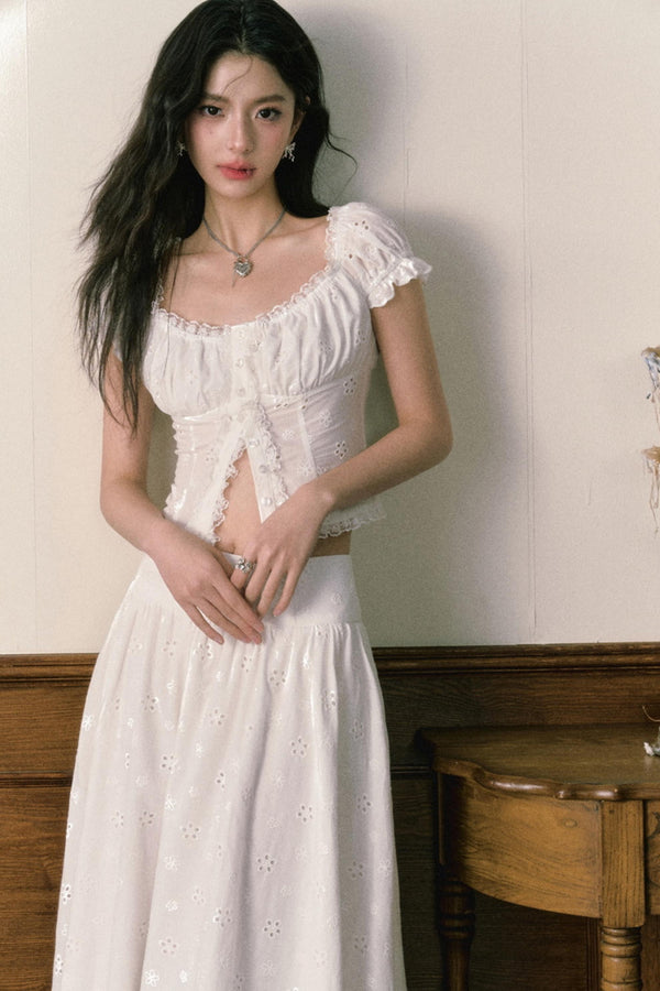 Floral Embroidered Top And Flared Skirt Set-Up