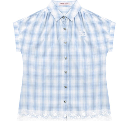 Vintage Blue Plaid Lace Trim Top