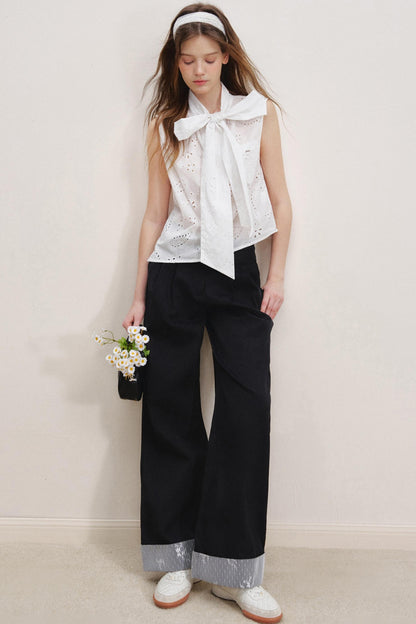 Lace Overlay High-Waisted Casual Pants