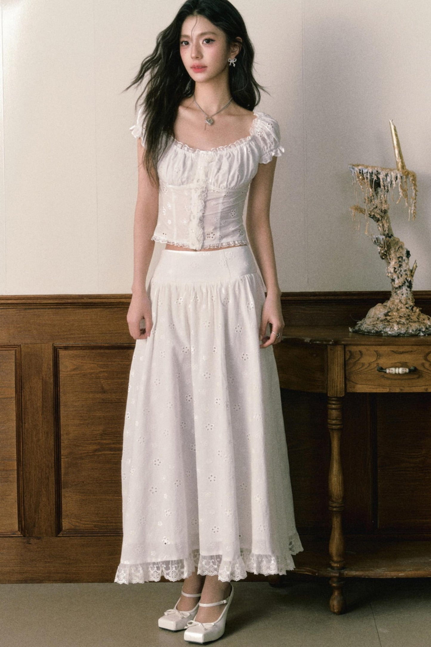 Floral Embroidered Top And Flared Skirt Set-Up