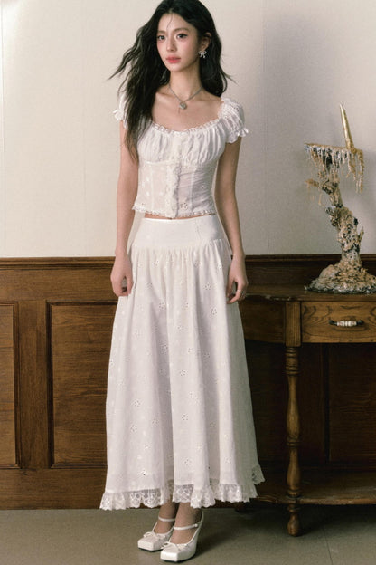 Floral Embroidered Top And Flared Skirt Set-Up