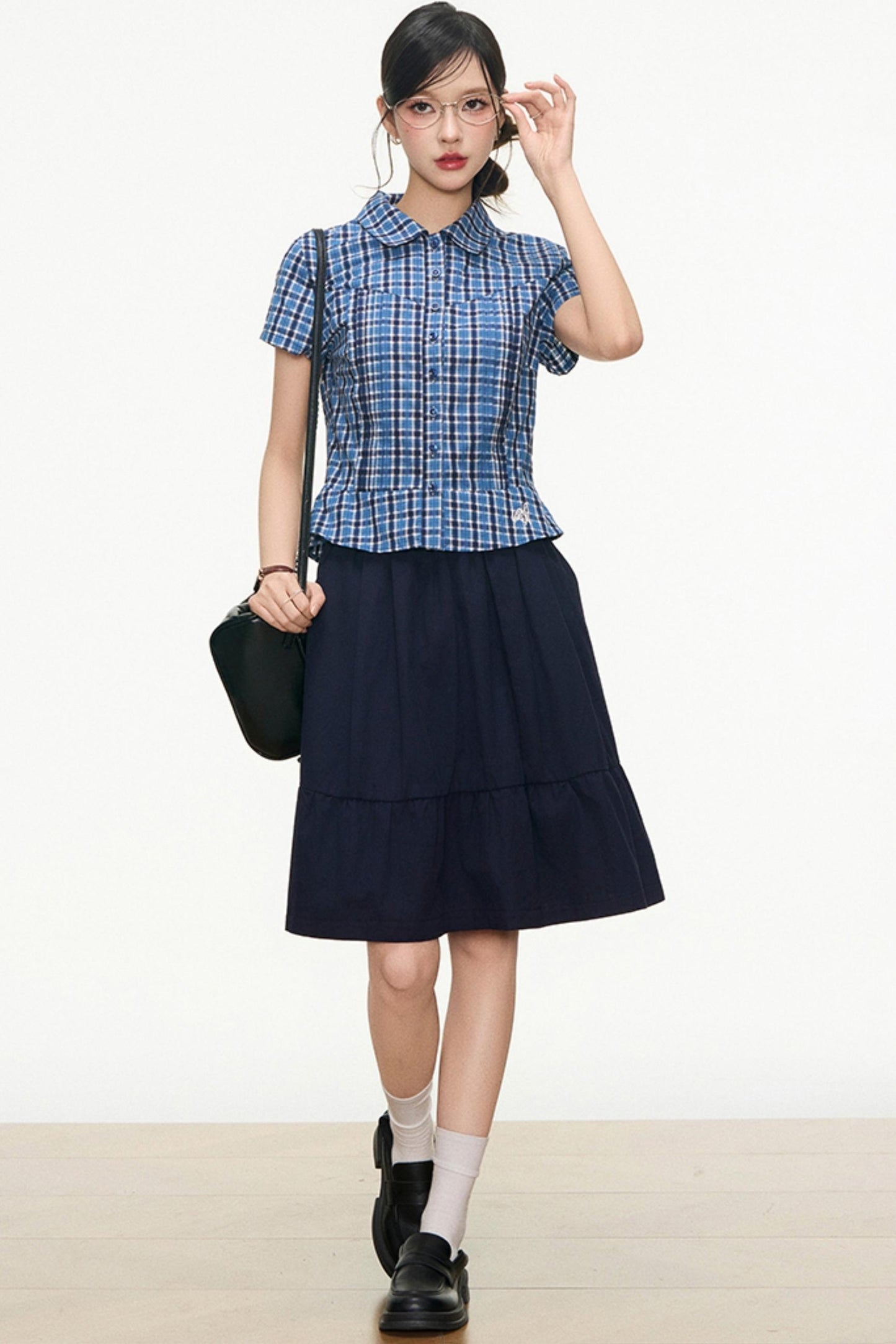 Checked Navy Skirt Shirt Set-Up