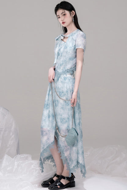 Blue Bow Waist Skirt Set-Up