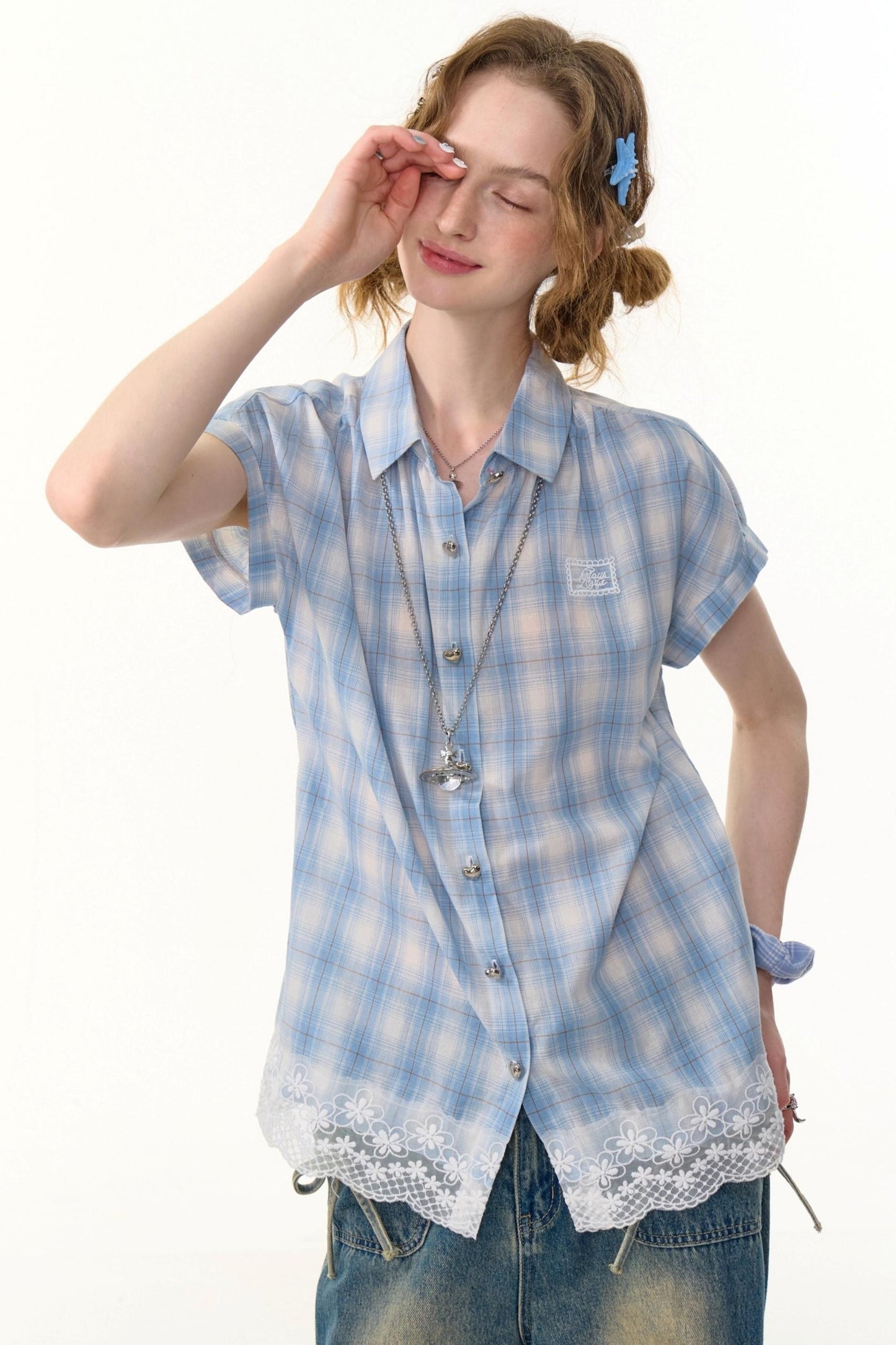 Vintage Blue Plaid Lace Trim Top