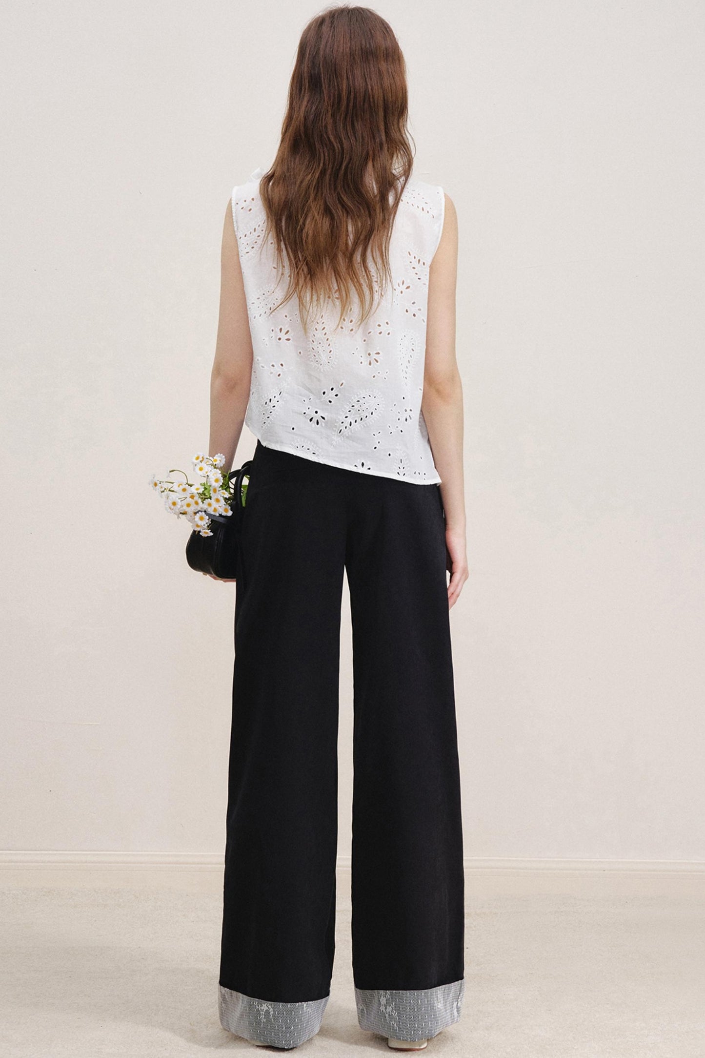 Lace Overlay High-Waisted Casual Pants