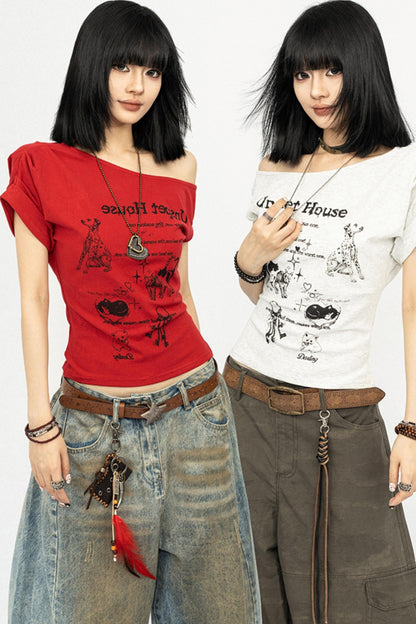 Retro Slanted Shoulders Short Sleeve Top