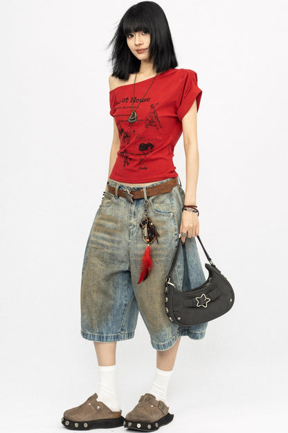 Retro Slanted Shoulders Short Sleeve Top