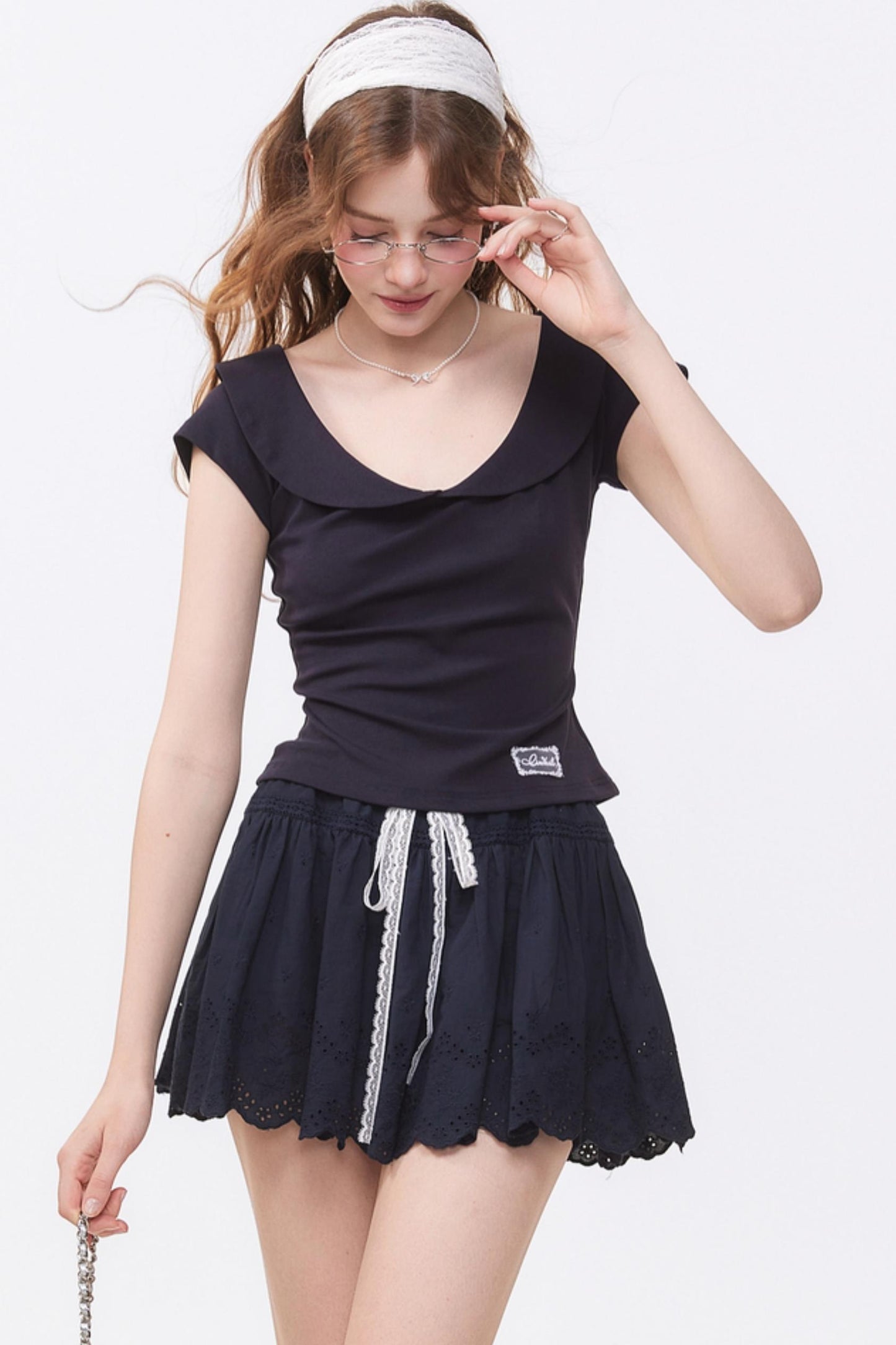Summer Navy Blue Lace A-Line Skirt