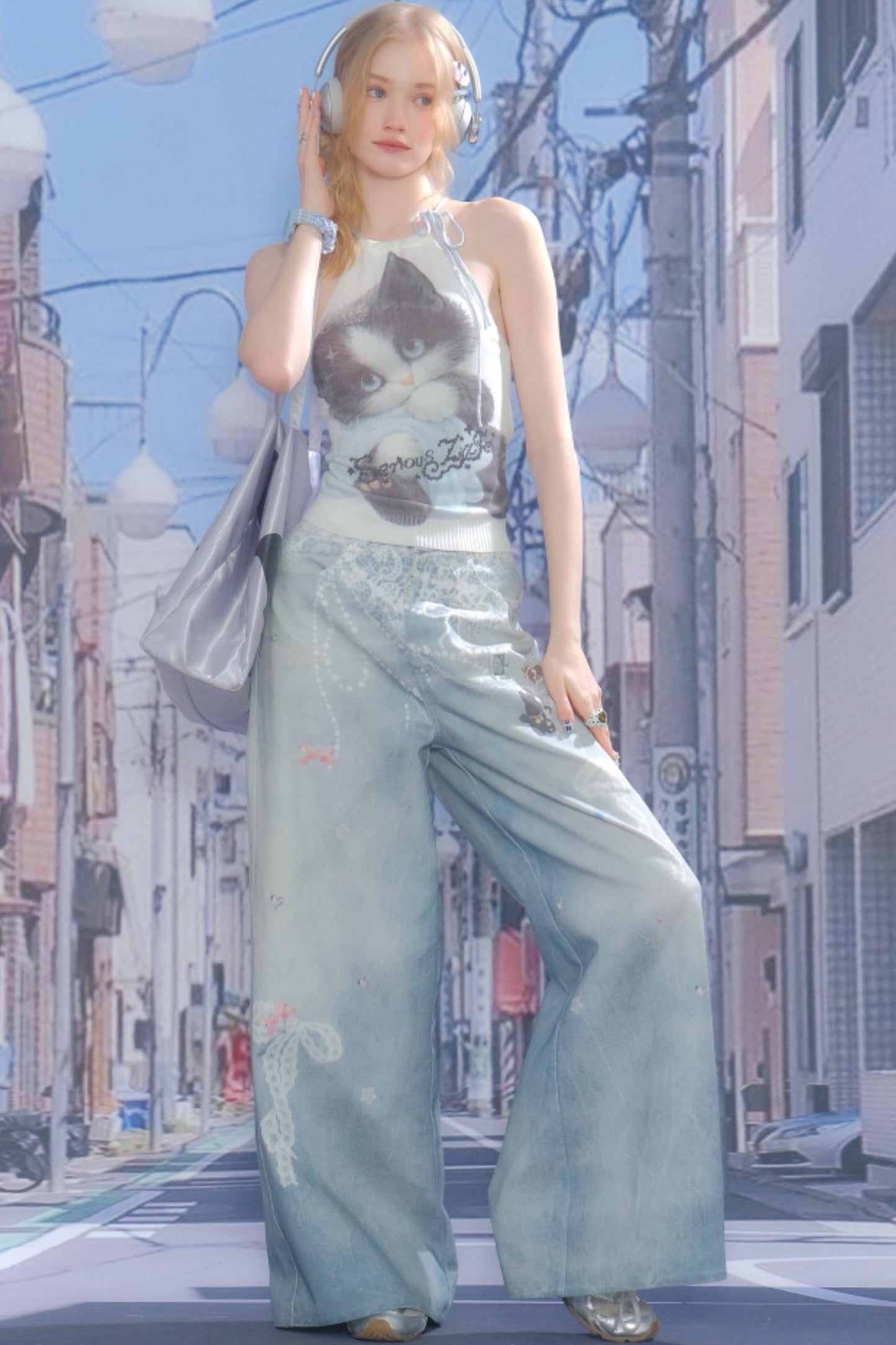 High-Waist Denim Wide-Leg Pants