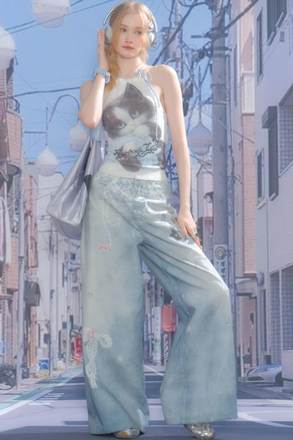 High-Waist Denim Wide-Leg Pants