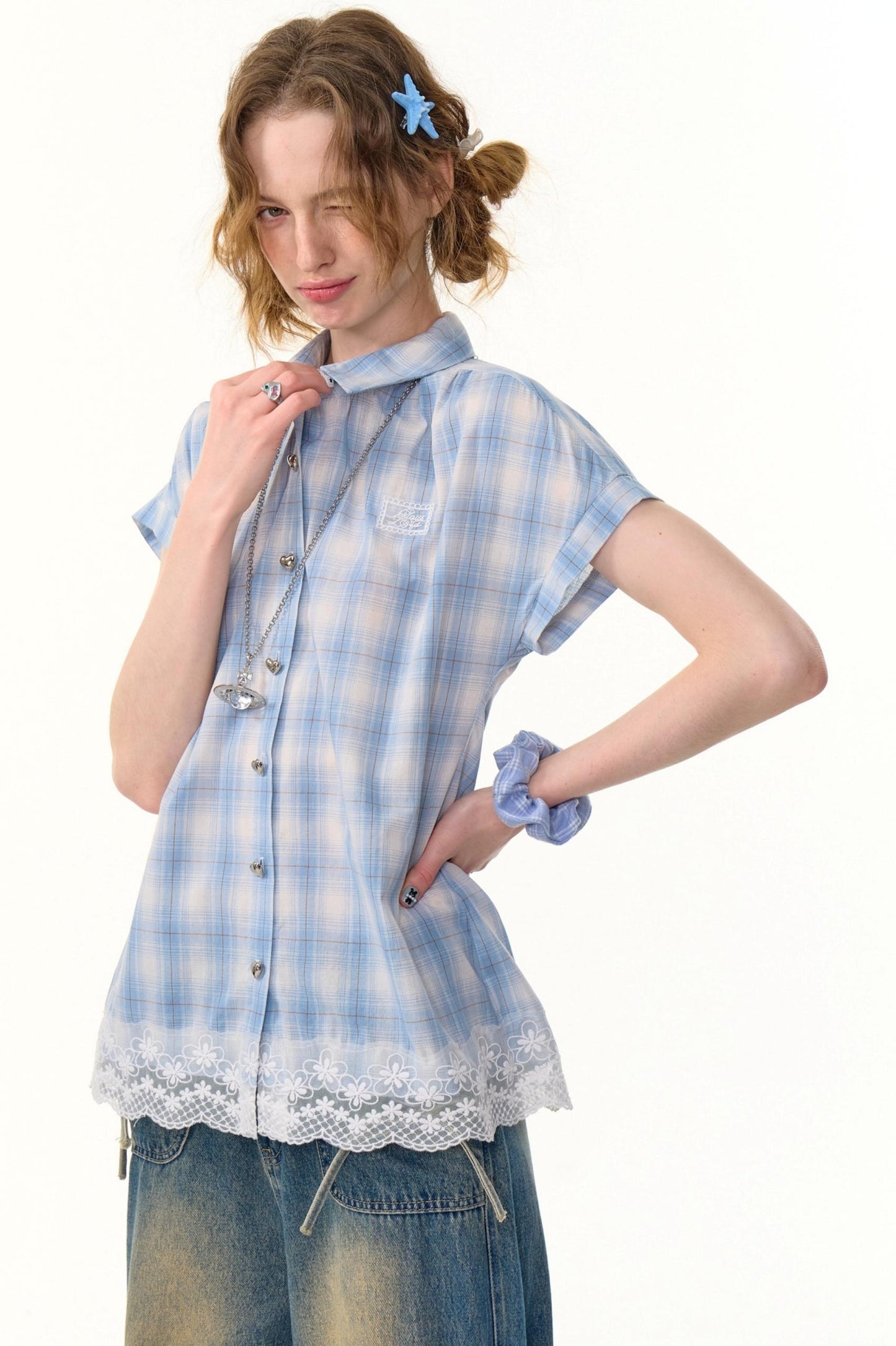 Vintage Blue Plaid Lace Trim Top
