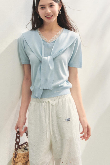 Short-Sleeved Lounge Knit Slacks Set-Up