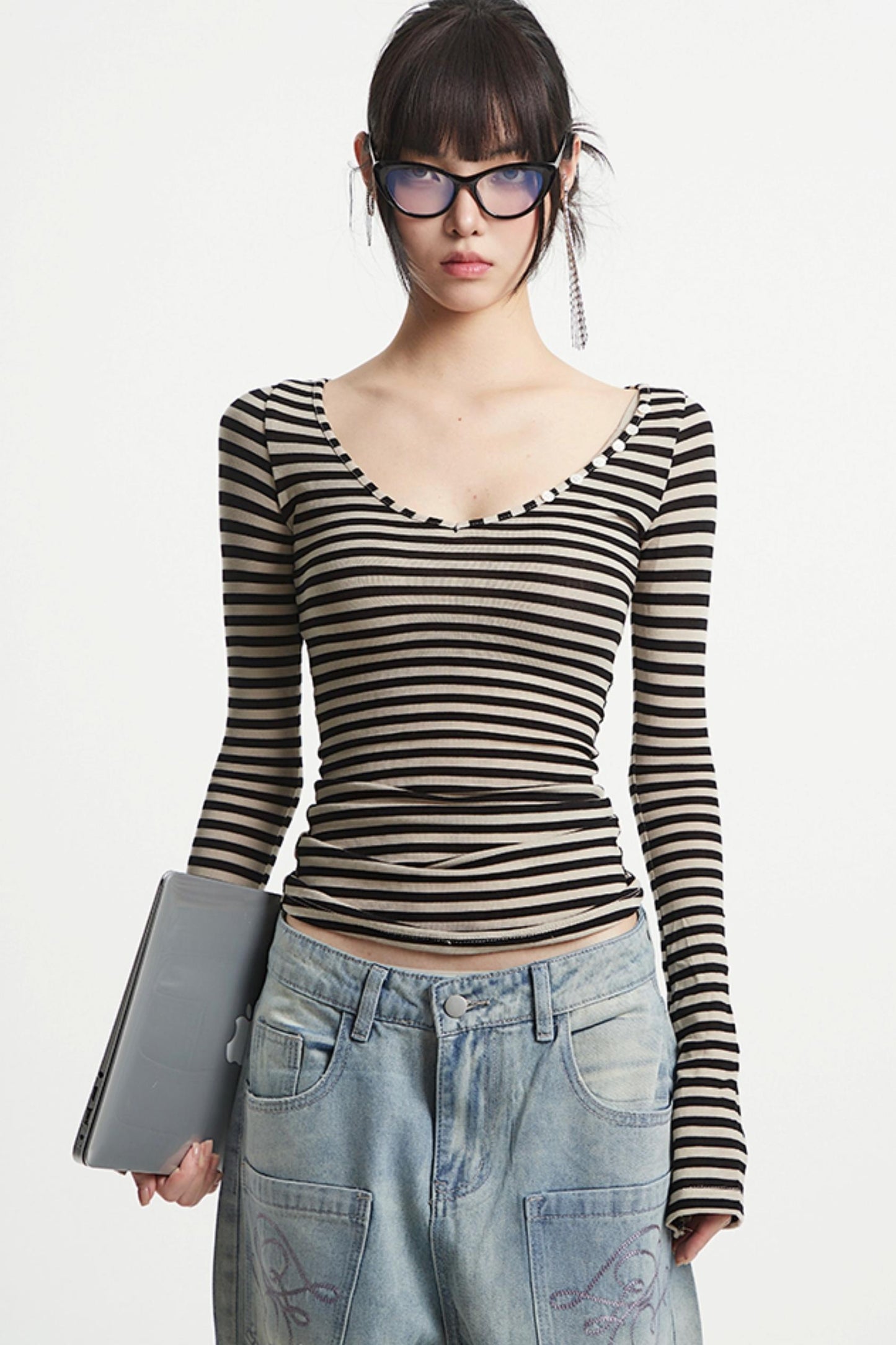 Striped V-Neck Sleeve T-Shirt