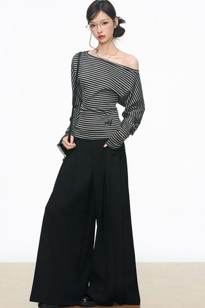 Slanted Shoulder Long Sleeves & Casual Wide-Leg Pants Set-Up