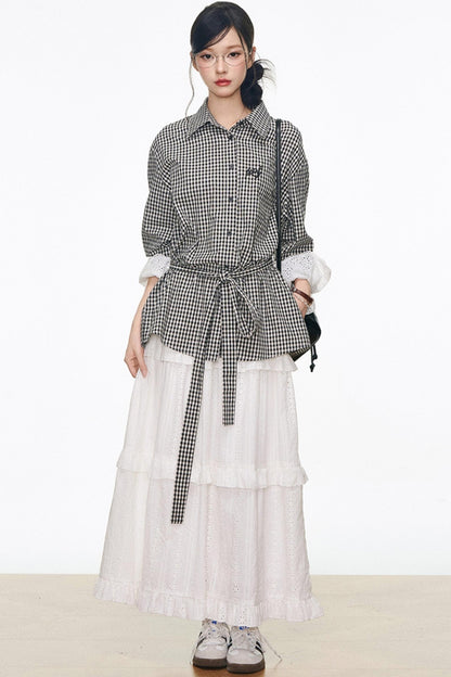 Black Plaid Lace Shirt White Long Skirt Set-Up