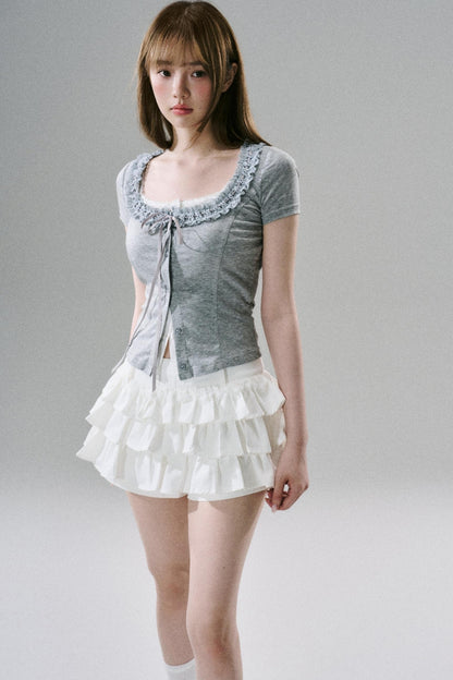 White Ruffle Lace Cargo Skirt