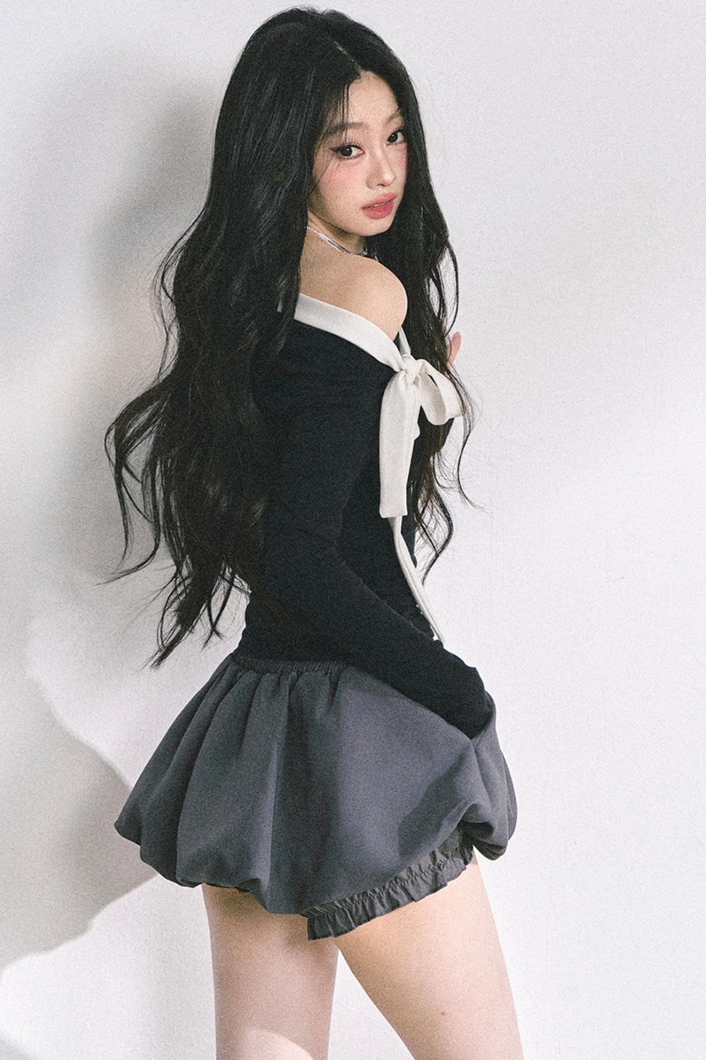 Swirl Waist Slimming Black Top