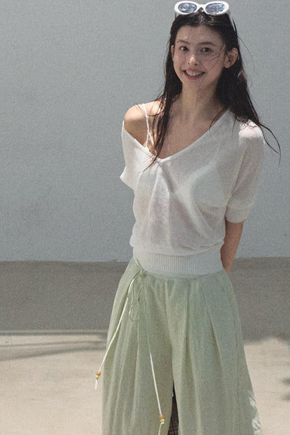 Distant Tenderness Linen Knit Camisole T-Shirt Set