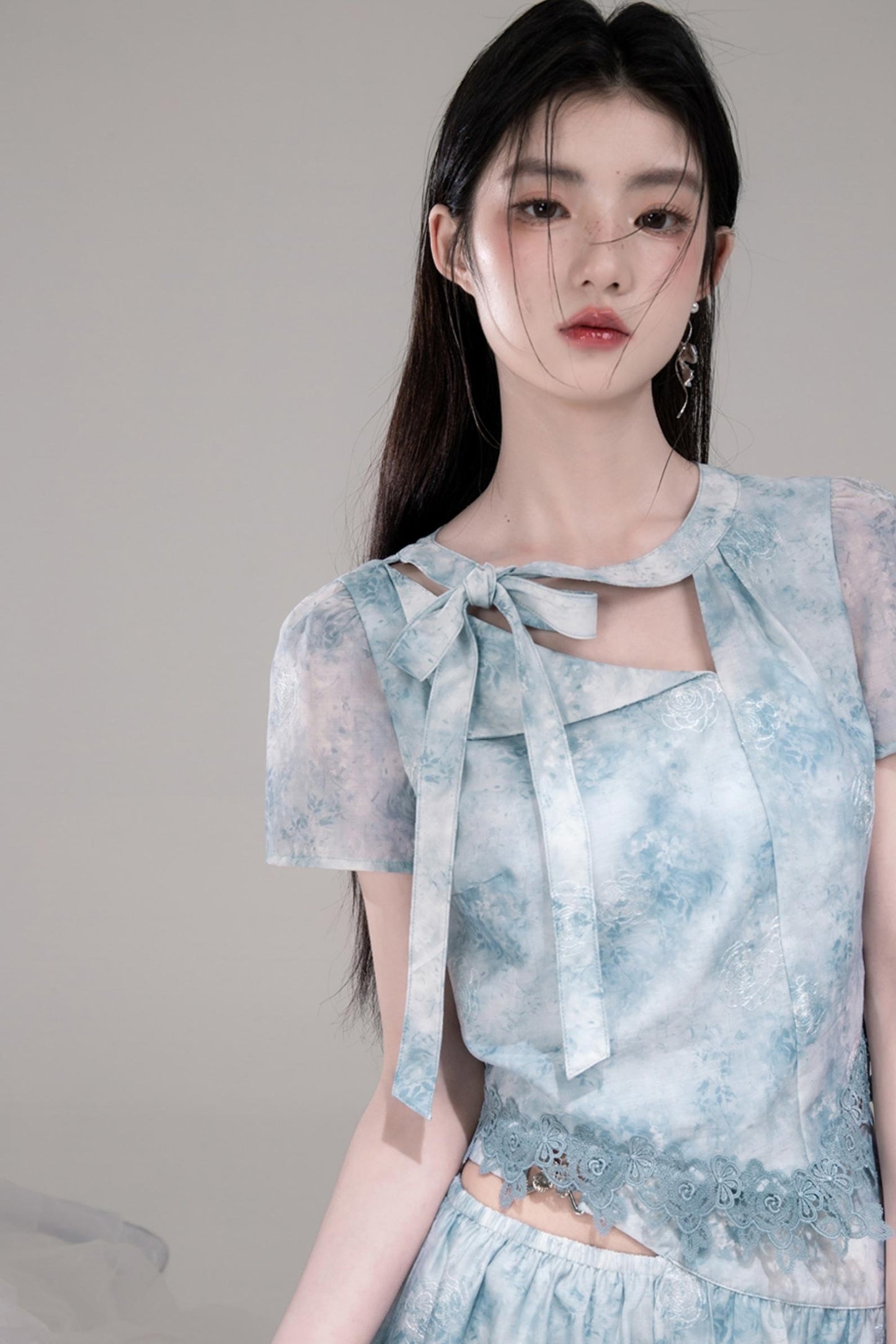 Blue Bow Waist Skirt Set-Up