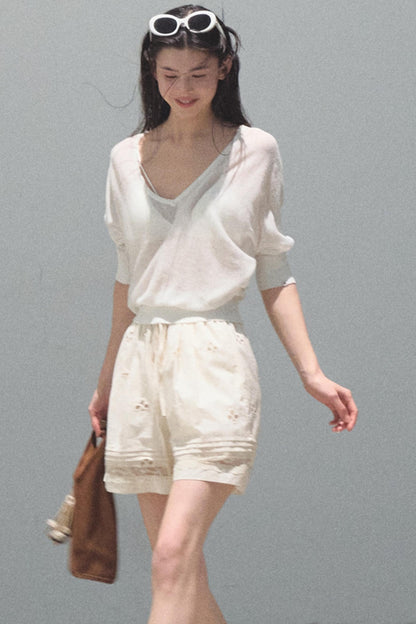 Distant Tenderness Linen Knit Camisole T-Shirt Set