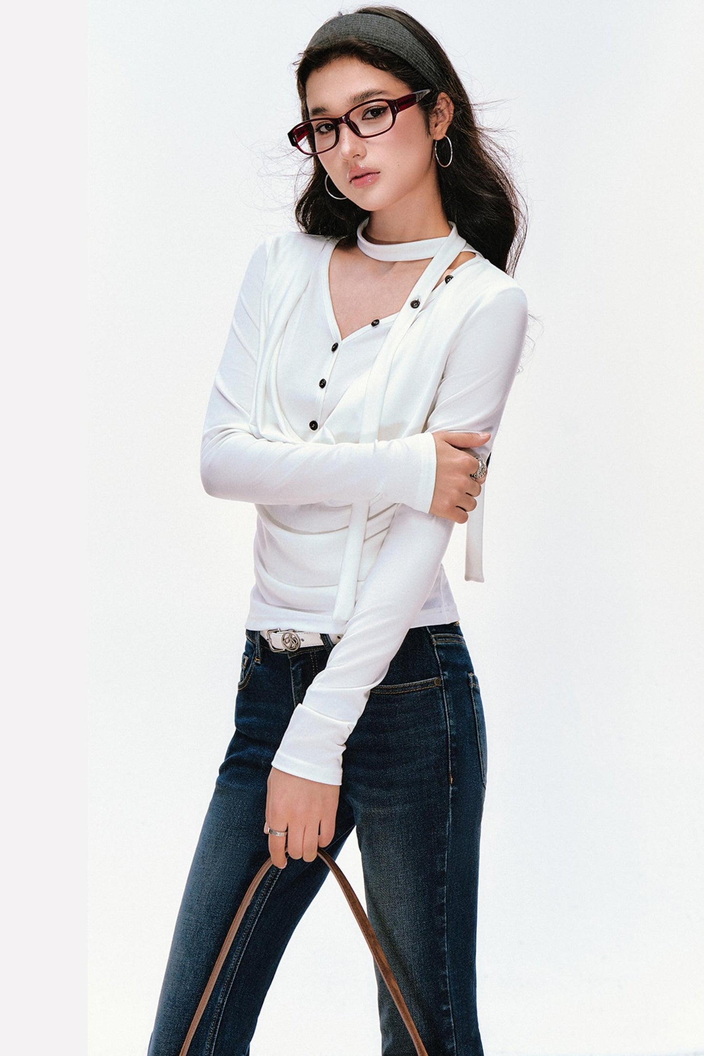 Swing Neck Long Sleeve Button-Down Top