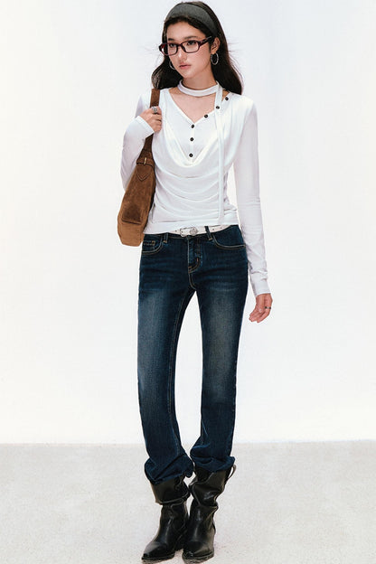 Swing Neck Long Sleeve Button-Down Top