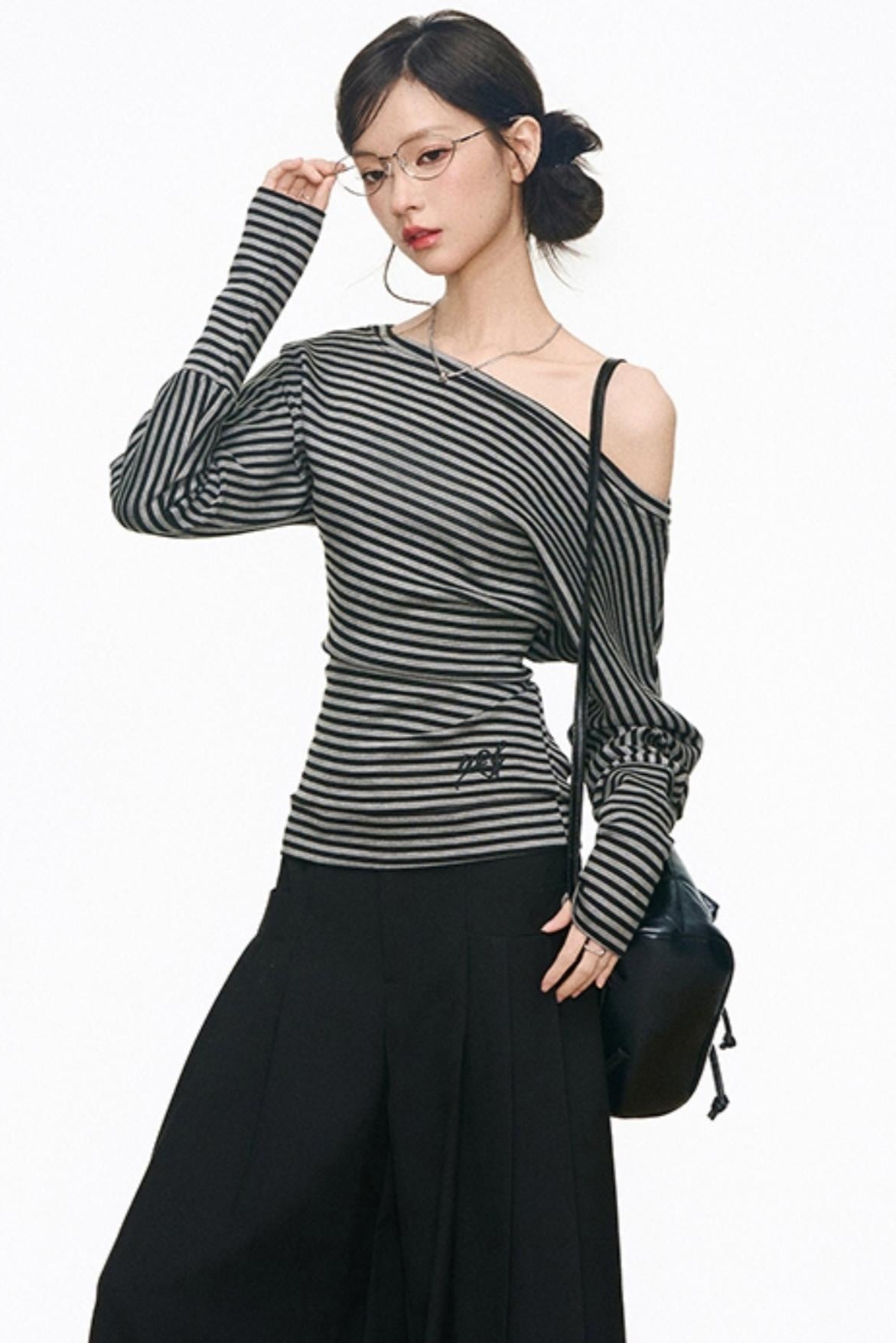 Slanted Shoulder Long Sleeves & Casual Wide-Leg Pants Set-Up