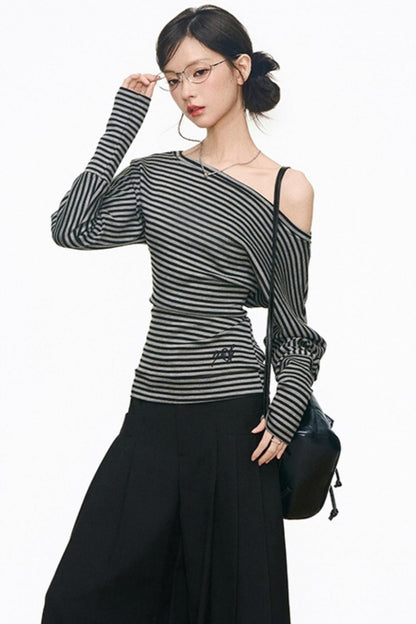 Slanted Shoulder Long Sleeves & Casual Wide-Leg Pants Set-Up