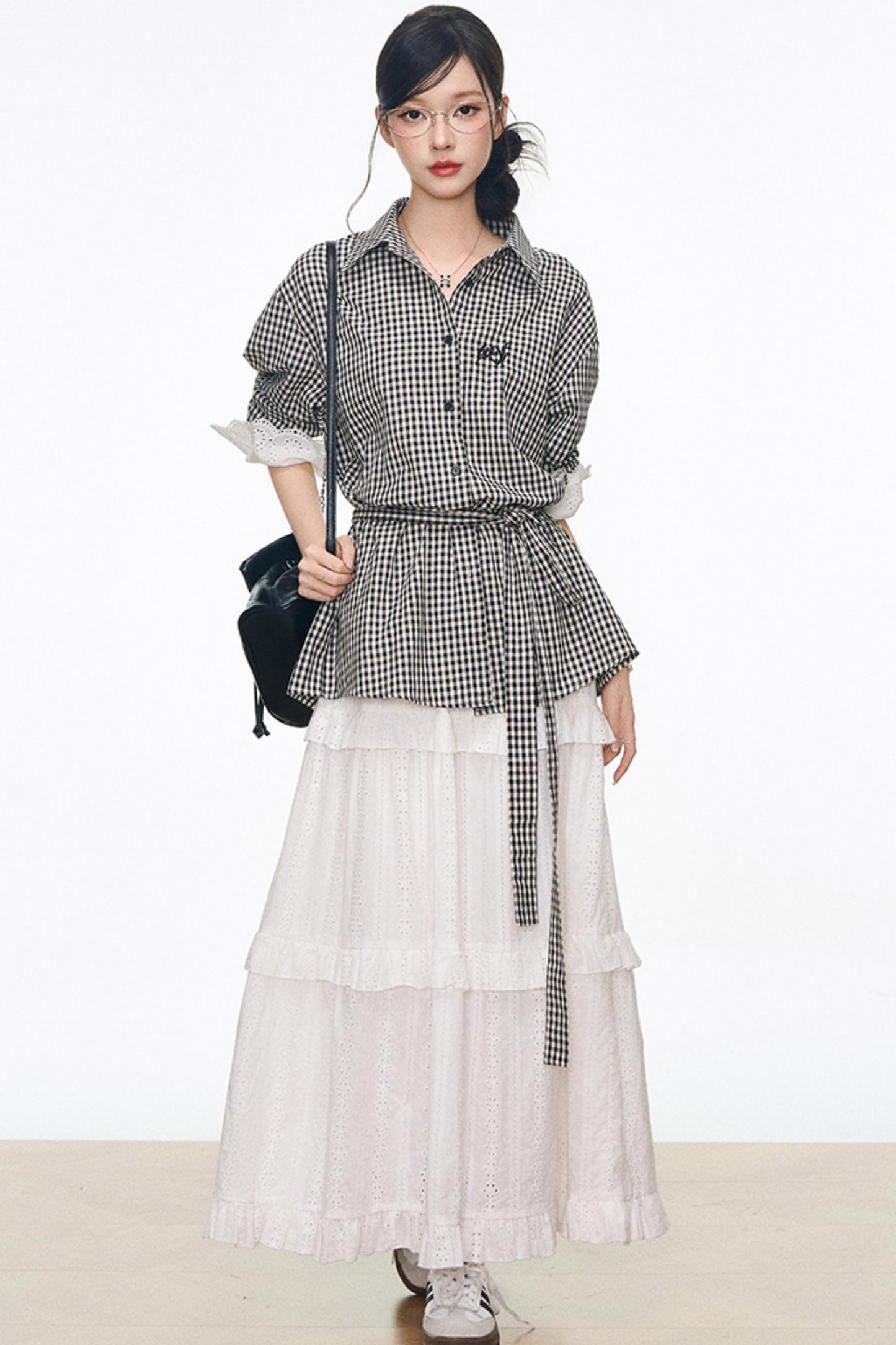 Black Plaid Lace Shirt White Long Skirt Set-Up