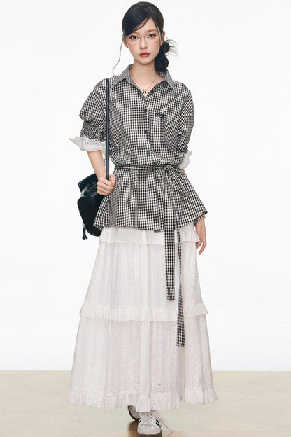 Black Plaid Lace Shirt White Long Skirt Set-Up