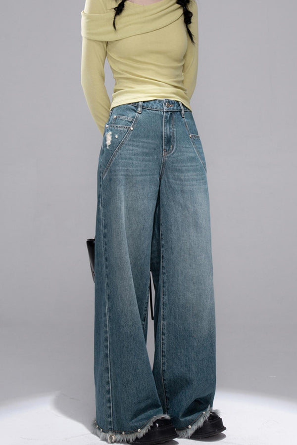 Blue Washed Wide-Leg Jeans