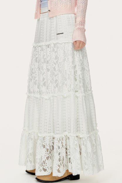 French White Lace A-Line Skirt