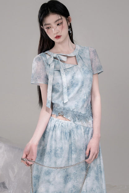 Blue Bow Waist Skirt Set-Up