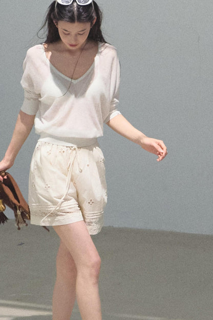 Distant Tenderness Linen Knit Camisole T-Shirt Set